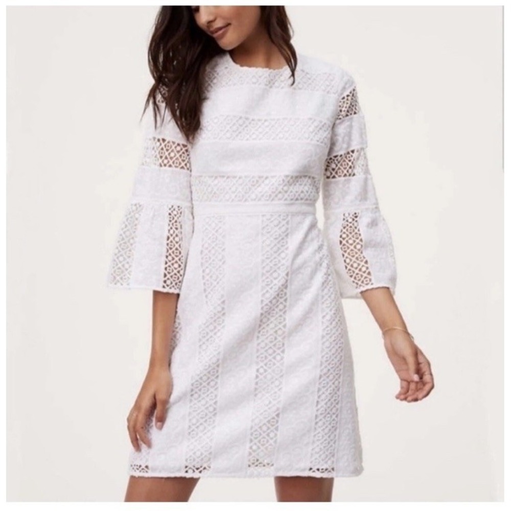 Loft Women's White 3/4 Bell Sleeve Lace Crochet Pattern Boho Dress New Sz8